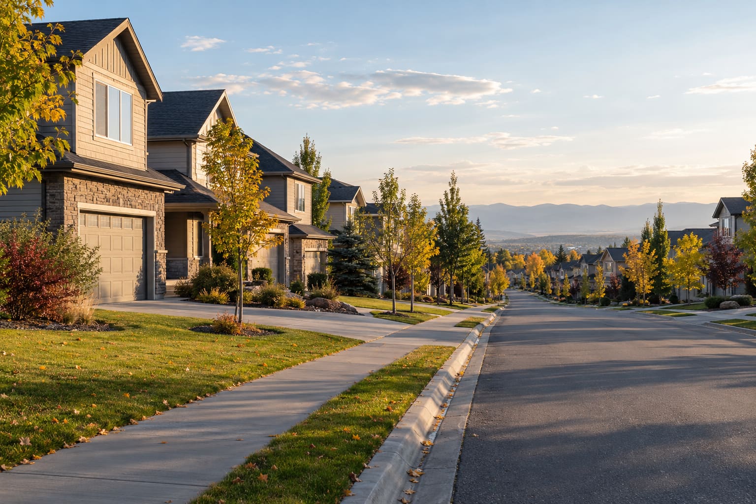 A quiet street of two-storey homes with attached garages in a Calgary suburb, autumn trees along the sidewalk and the foothills in the distance.